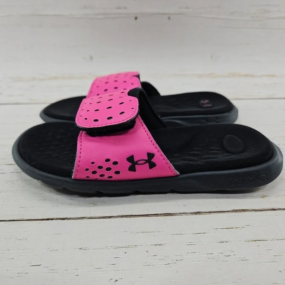 Under Armour Ignite Pro Slides Girls‎ 13K Black Pink Adjustable Strap 3026039